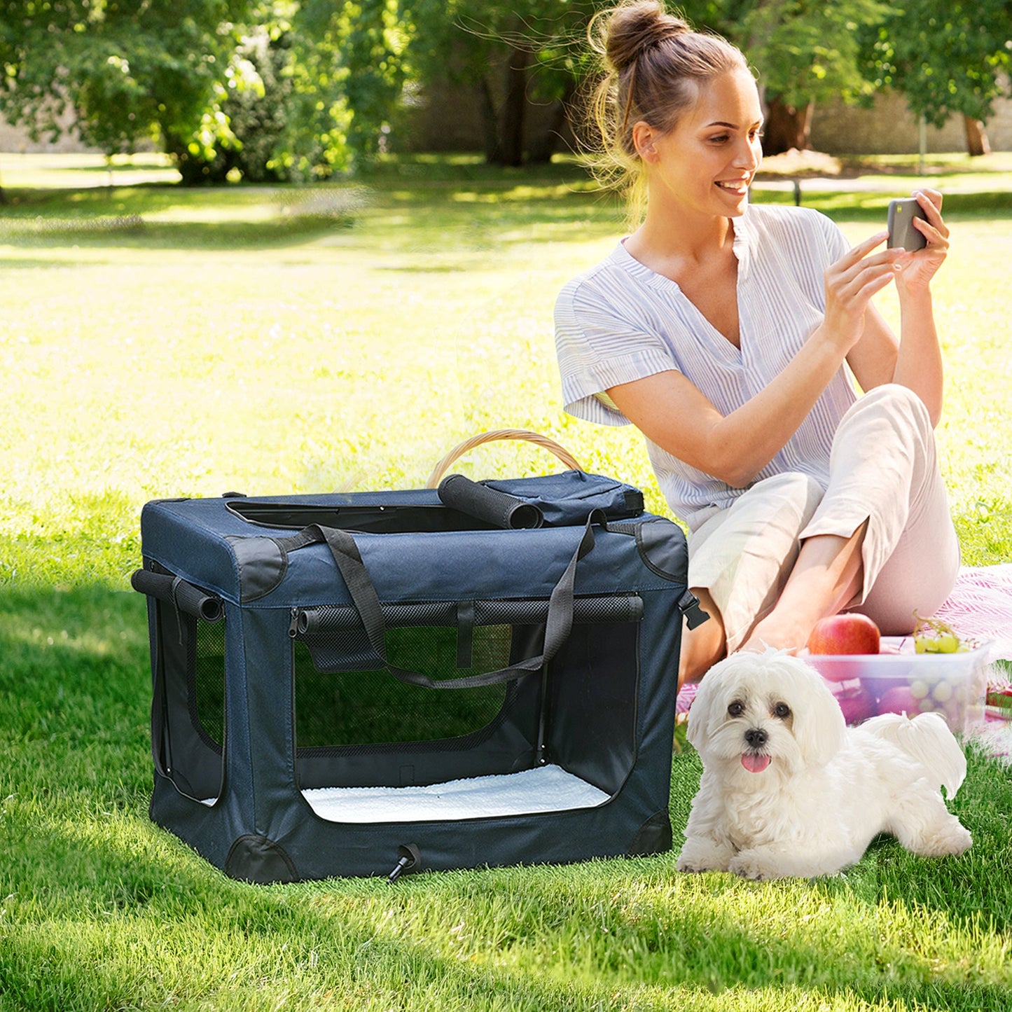 Pet Carrier Folding Dog Bag Portable Cat Carrier Soft Pet Crate w/ Cushion, 60 x 41.5 x 41 cm, Dark Blue-1